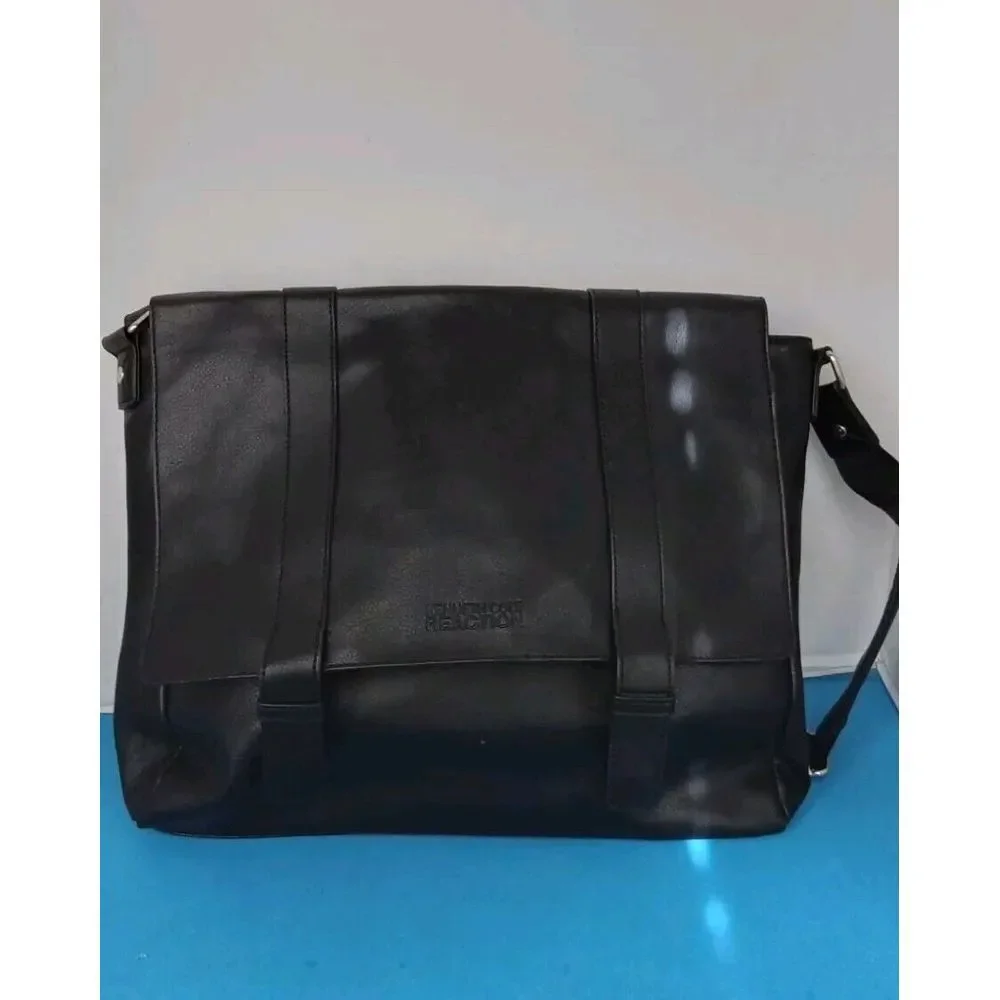 Kenneth Cole Black Leather Messenger Bag Professional Laptop‎ Shoulder Bag